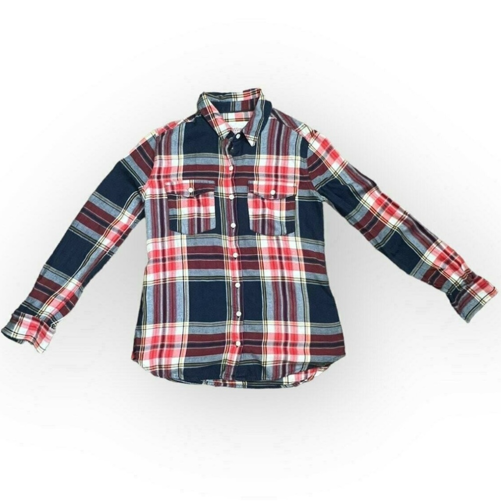 ☘️ 3/$15 Mossimo Blue and Red Plaid Girls Button Up Flannel Shirt, Size L